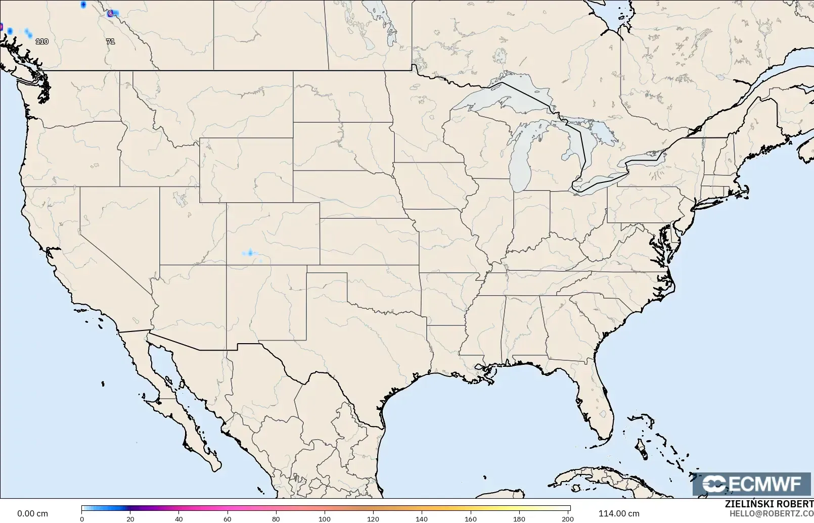 ECMWF IFS 0,25° modelo - Estados Unidos, Profundidade da neve
