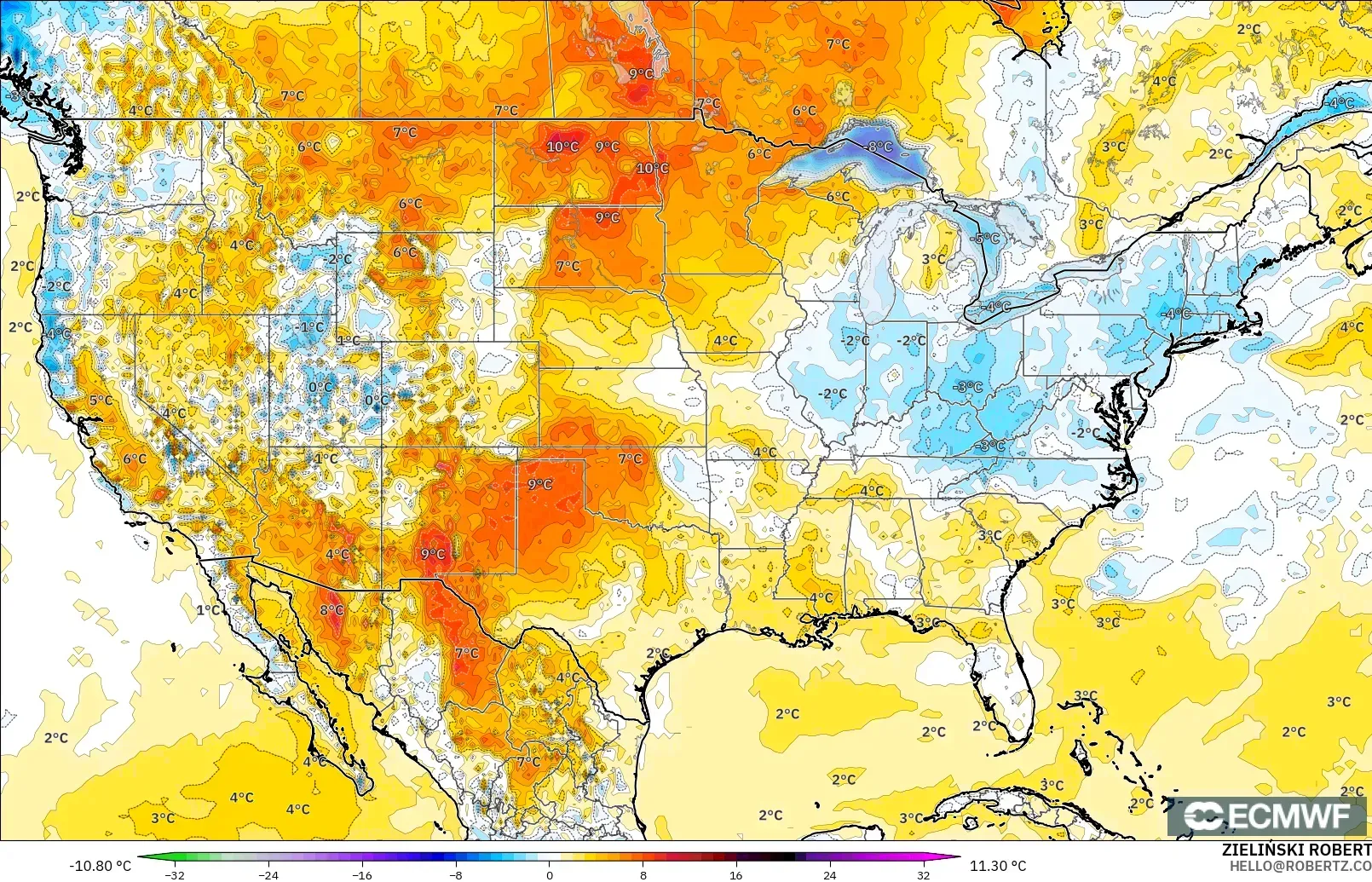 ECMWF IFS 0,25° modelo - Estados Unidos, Anomalia de temperatura a 2 m
