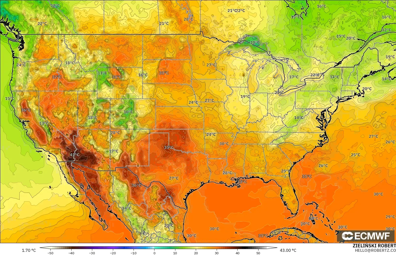 ECMWF IFS 0,25° modelo - Estados Unidos, Temperatura a 2 m