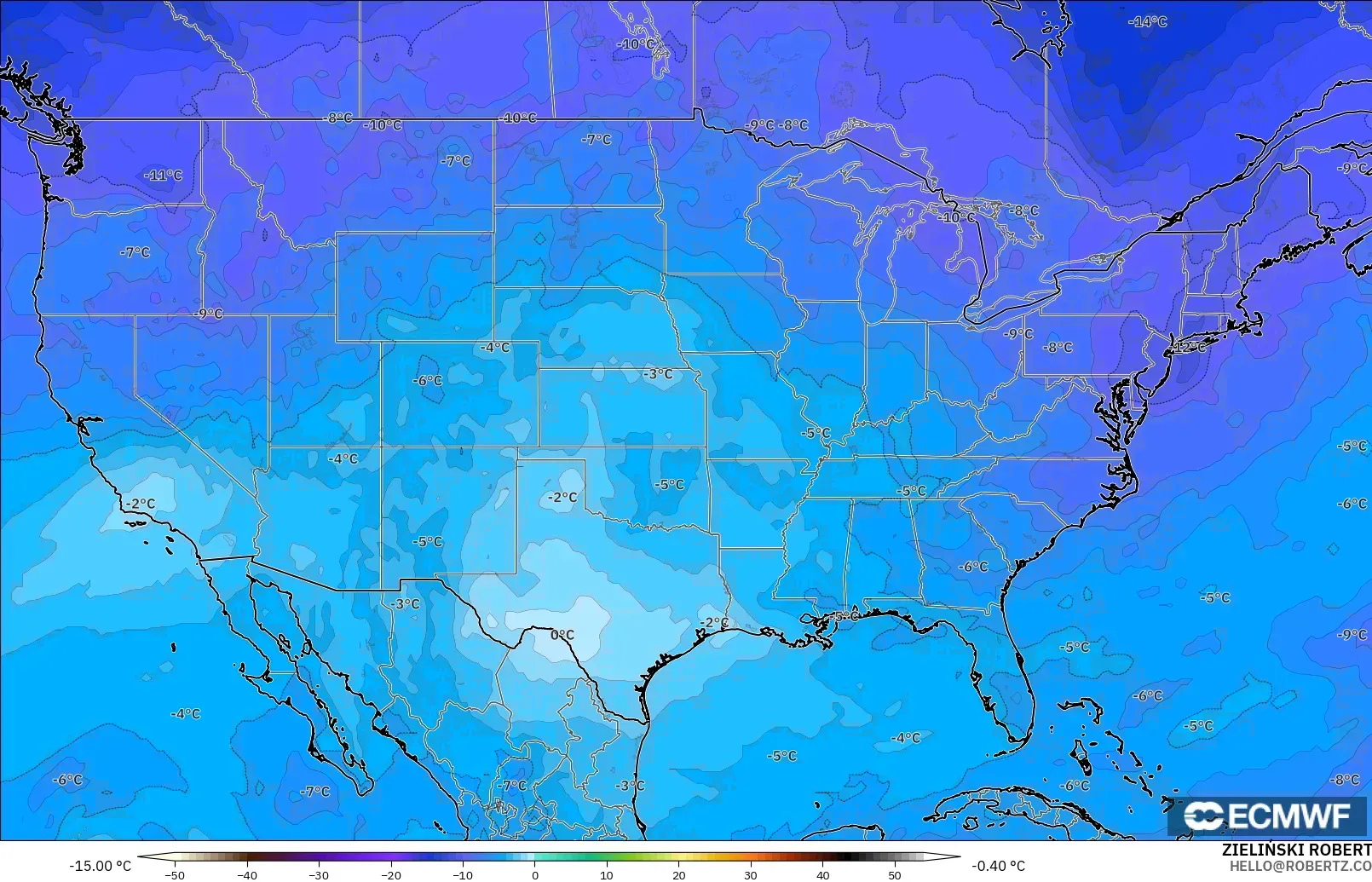ECMWF IFS 0,25° modelo - Estados Unidos, Temperatura a 500 hPa