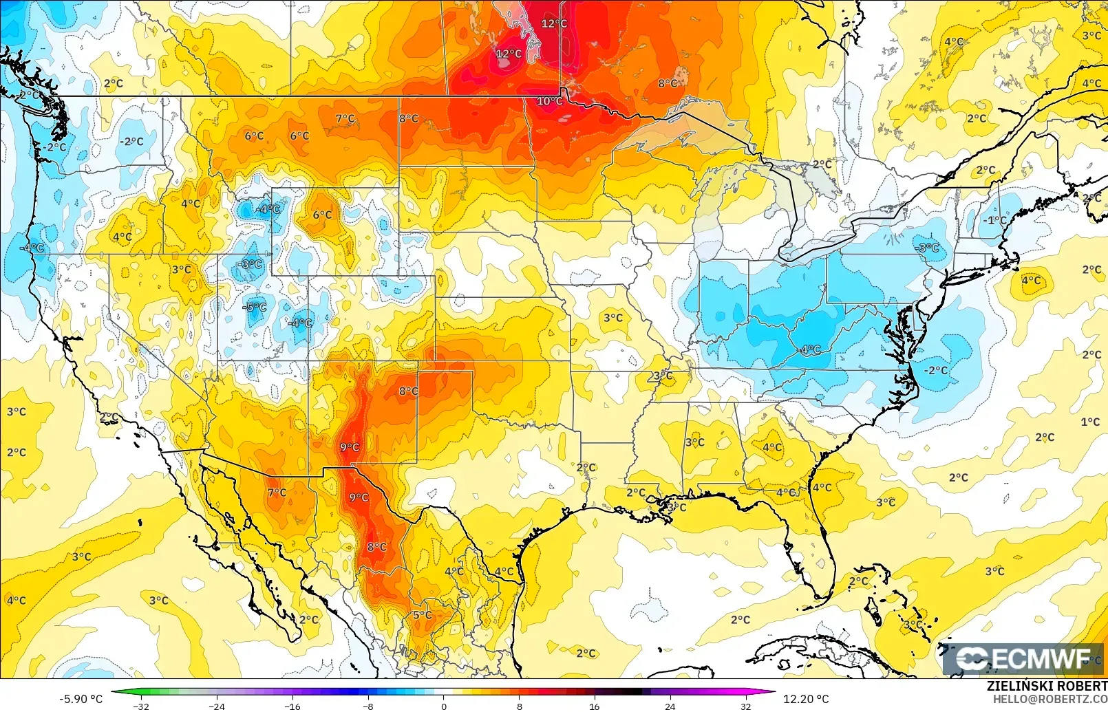 ECMWF IFS 0,25° modelo - Estados Unidos, Anomalia de temperatura a 850 hPa