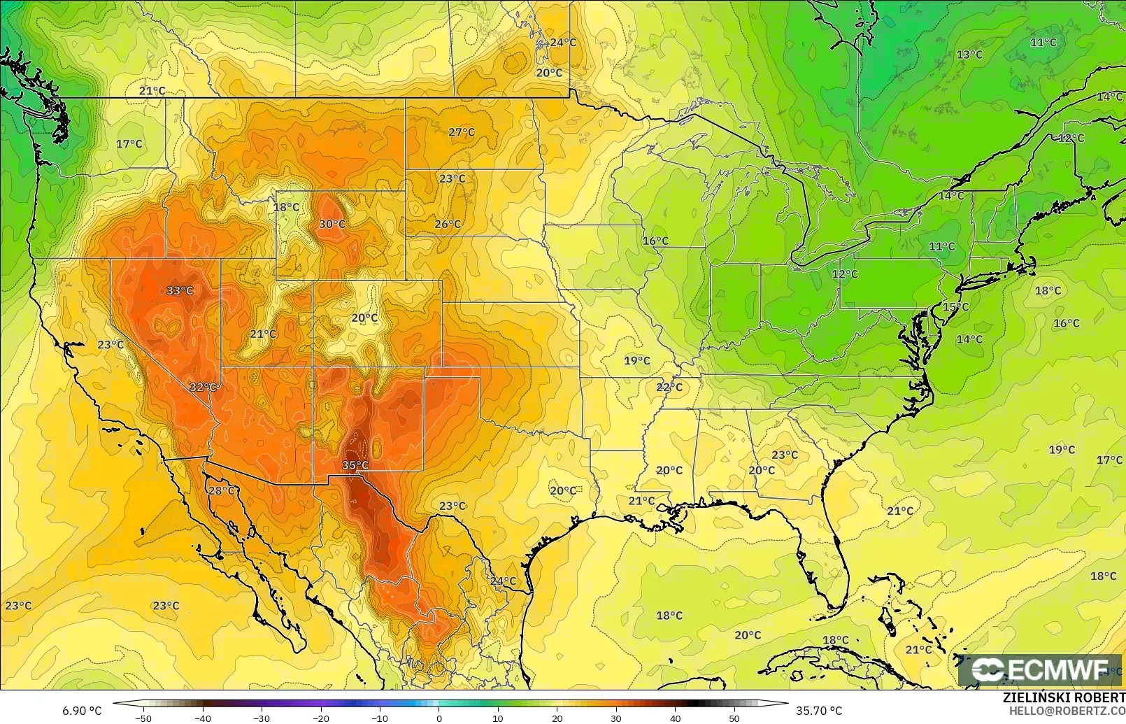ECMWF IFS 0,25° modelo - Estados Unidos, Temperatura a 850 hPa