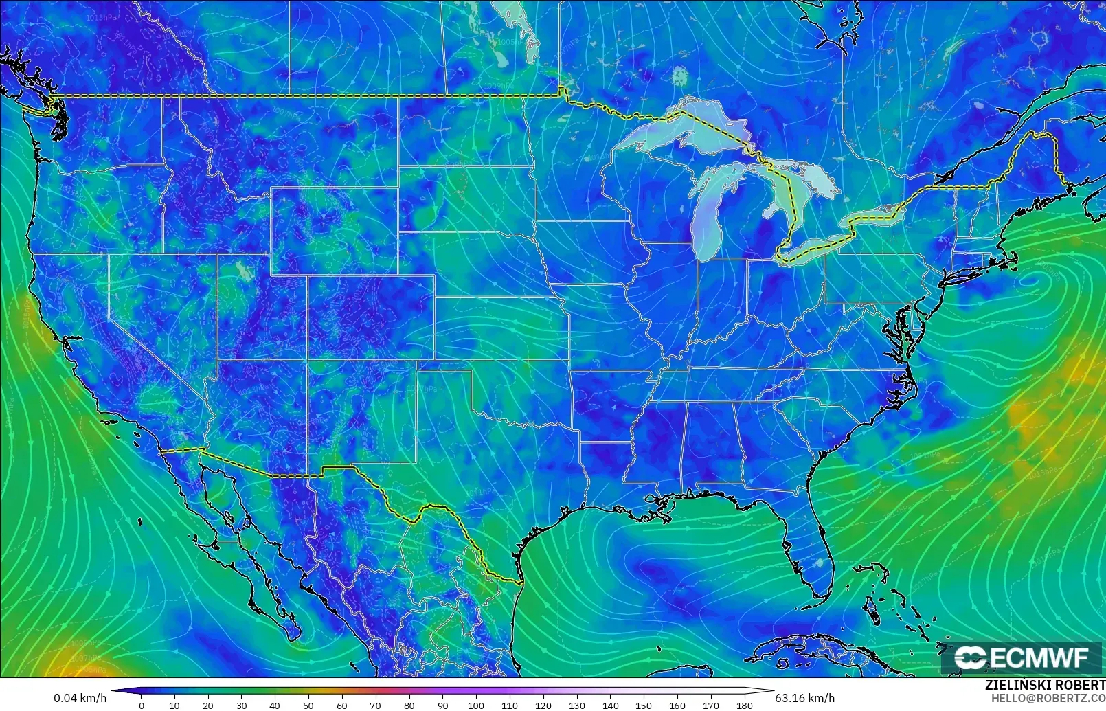 ECMWF IFS 0,25° modelo - Estados Unidos, Vento a 10 m