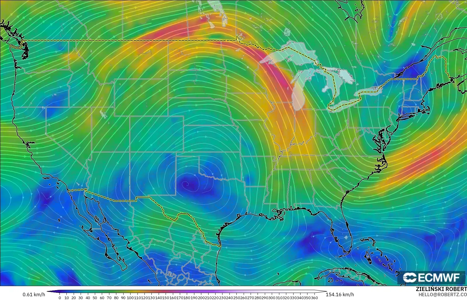 ECMWF IFS 0,25° modelo - Estados Unidos, Vento a 300 hPa (corrente em jato)