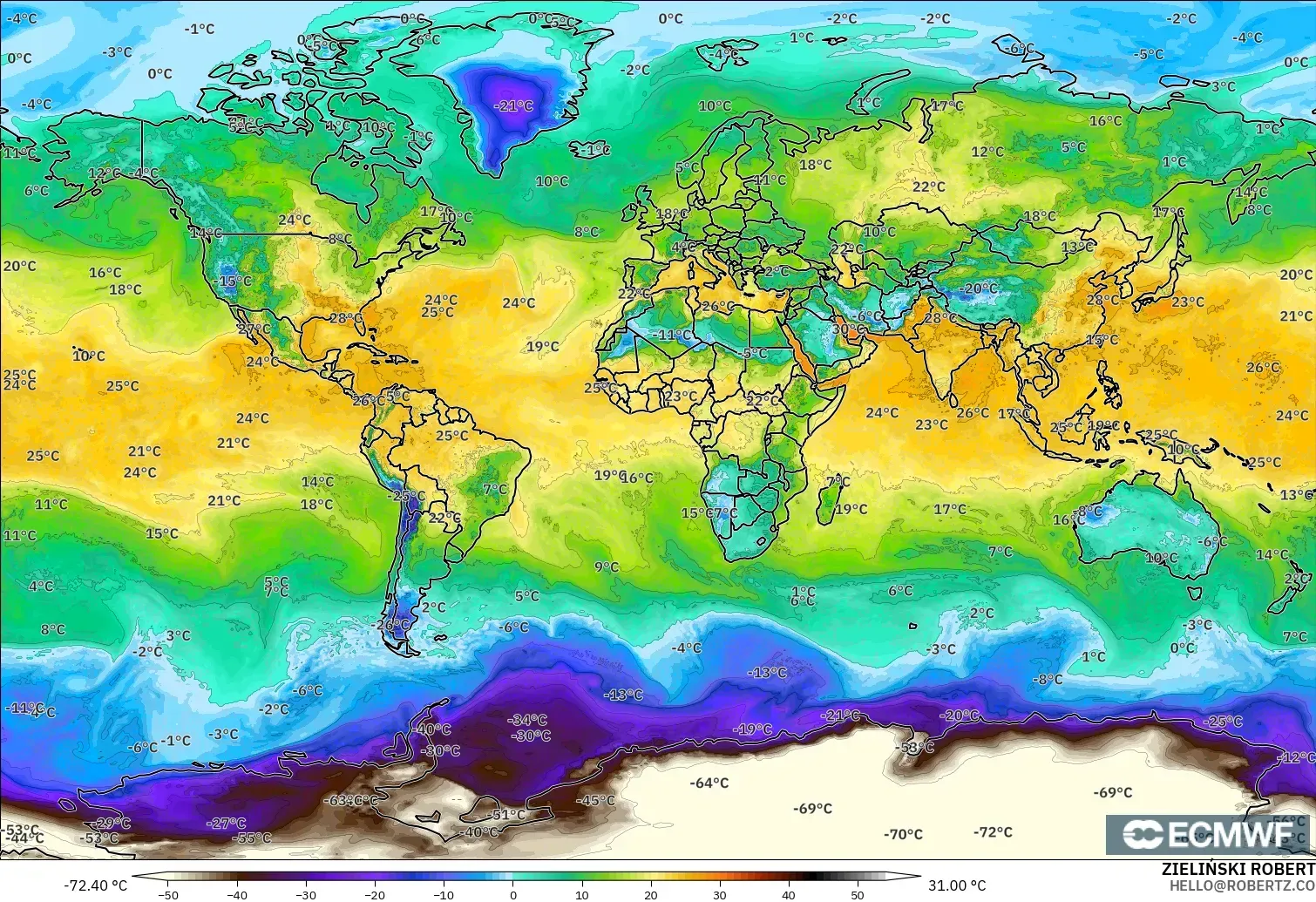 ECMWF IFS 0,25° modelo - Mundo, Ponto de orvalho a 2 m
