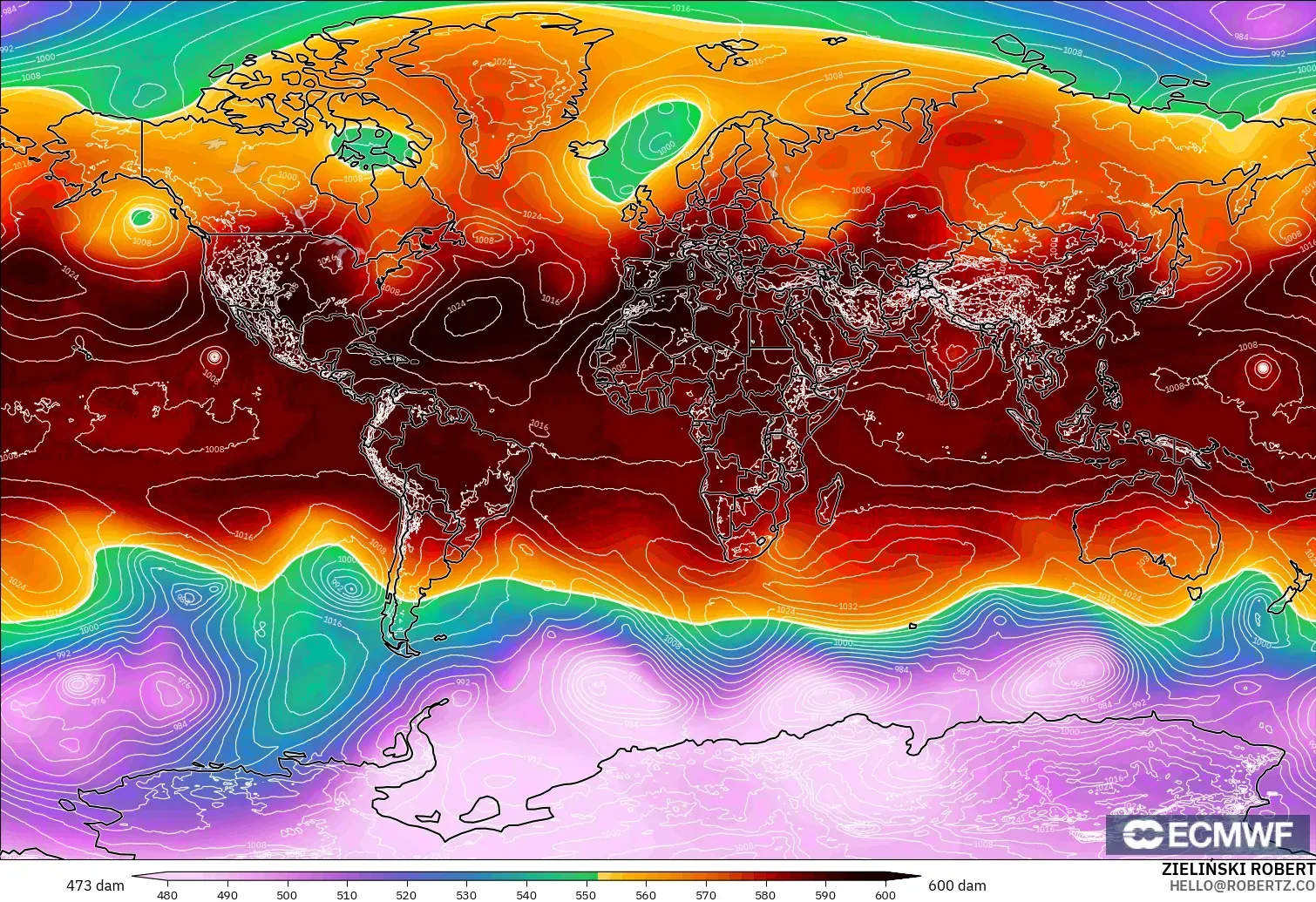 ECMWF IFS 0,25° modelo - Mundo, Altura geopotencial a 500 hPa
