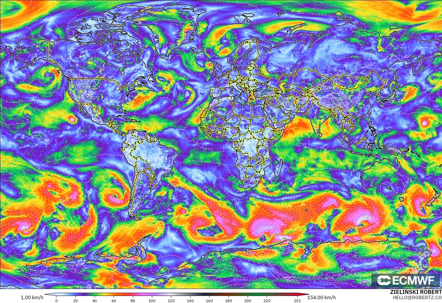 ECMWF IFS 0,25° modelo - Mundo, Rajadas de vento