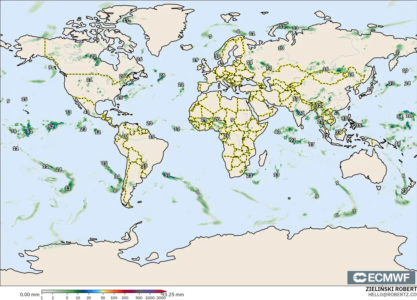 ECMWF IFS 0,25° modelo - Mundo, Acúmulo de precipitação