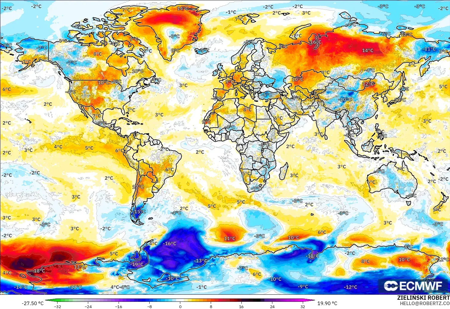 ECMWF IFS 0,25° modelo - Mundo, Anomalia de temperatura a 2 m
