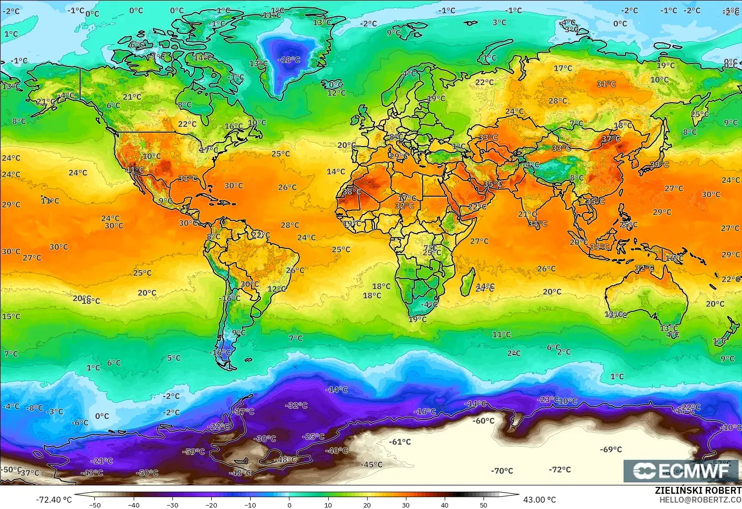 ECMWF IFS 0,25° modelo - Mundo, Temperatura a 2 m