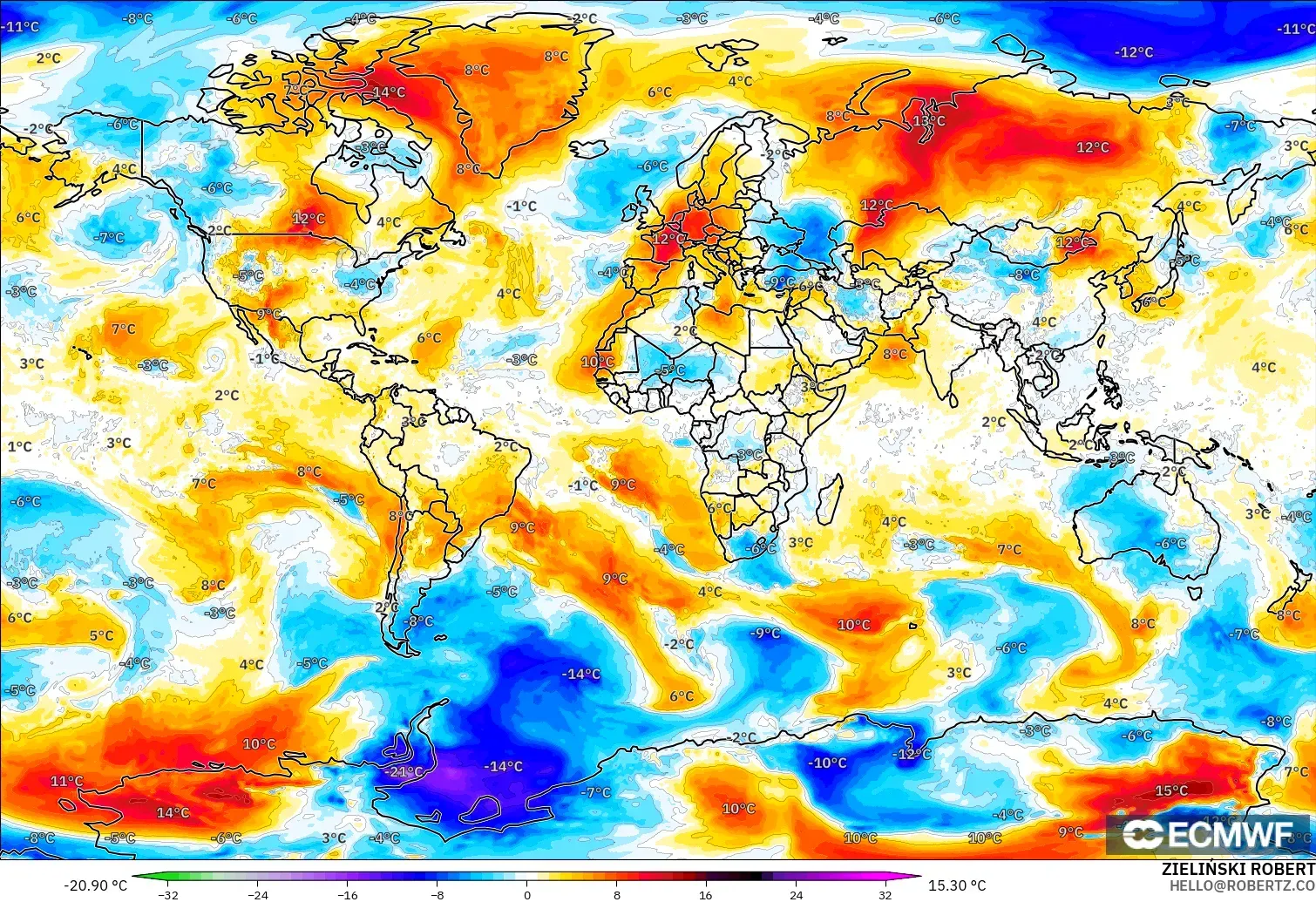 ECMWF IFS 0,25° modelo - Mundo, Anomalia de temperatura a 850 hPa