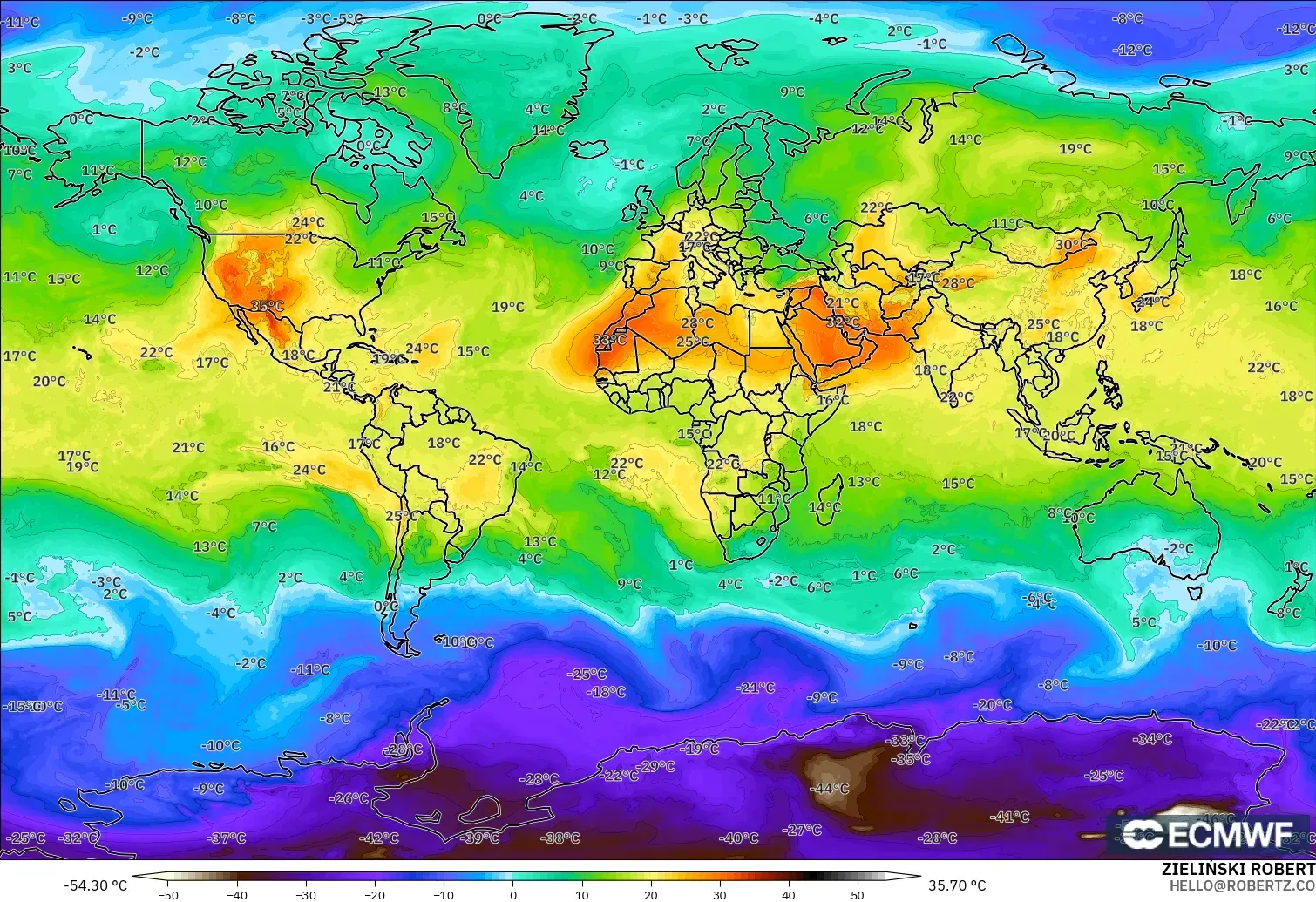 ECMWF IFS 0,25° modelo - Mundo, Temperatura a 850 hPa