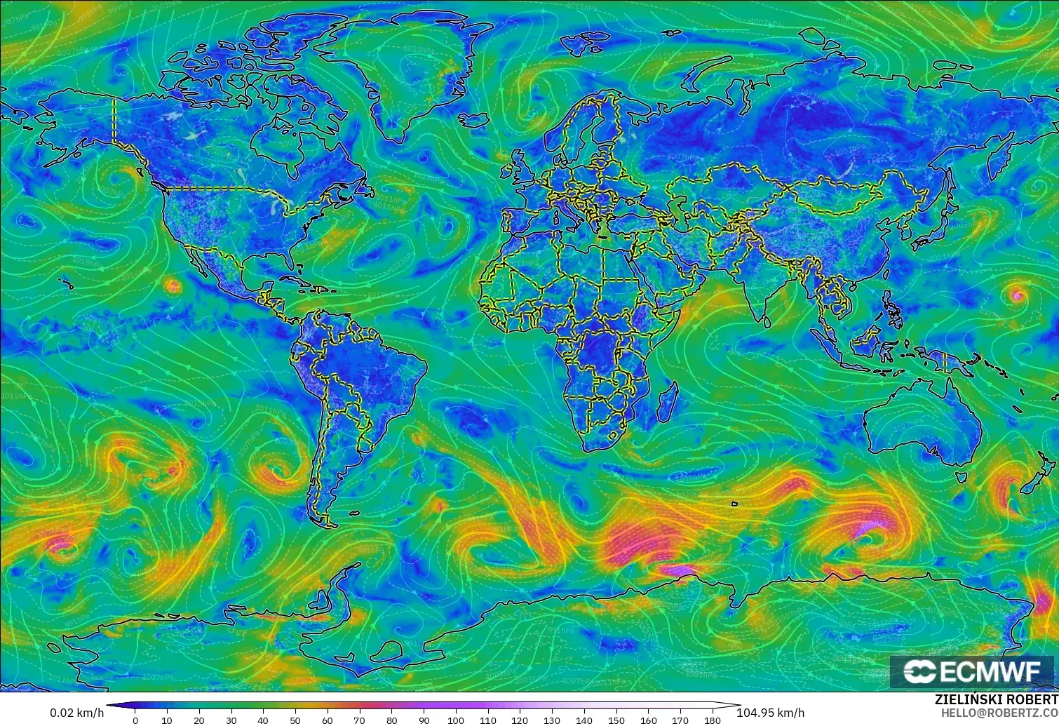 ECMWF IFS 0,25° modelo - Mundo, Vento a 10 m