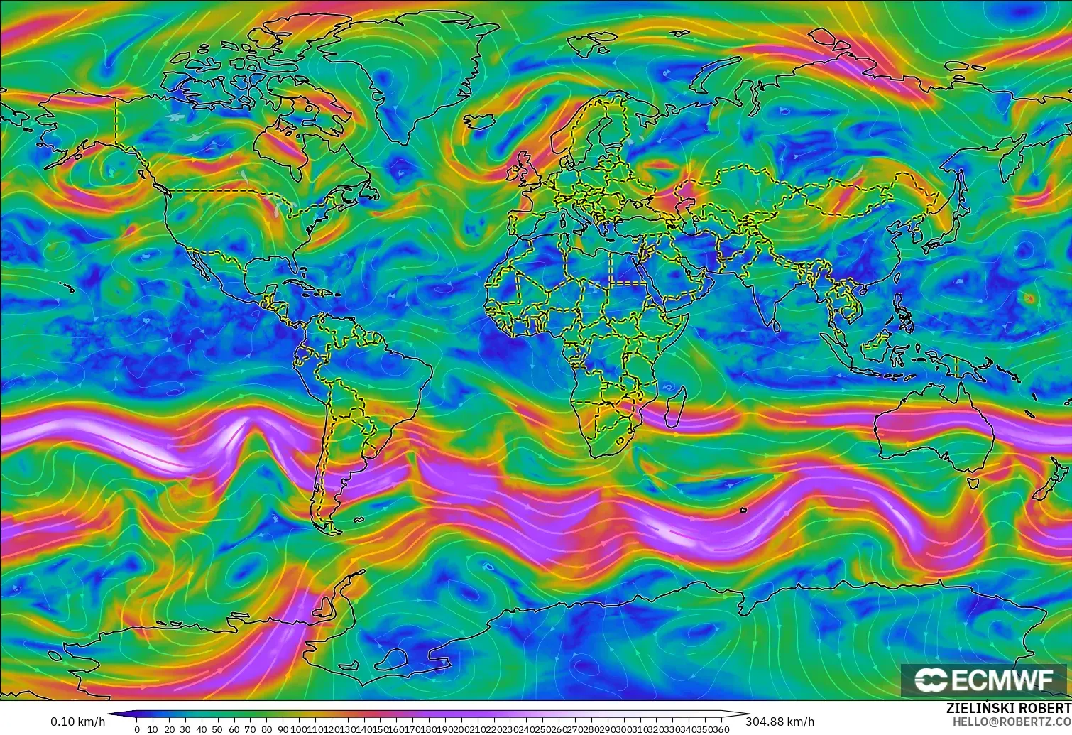 ECMWF IFS 0,25° modelo - Mundo, Vento a 300 hPa (corrente em jato)