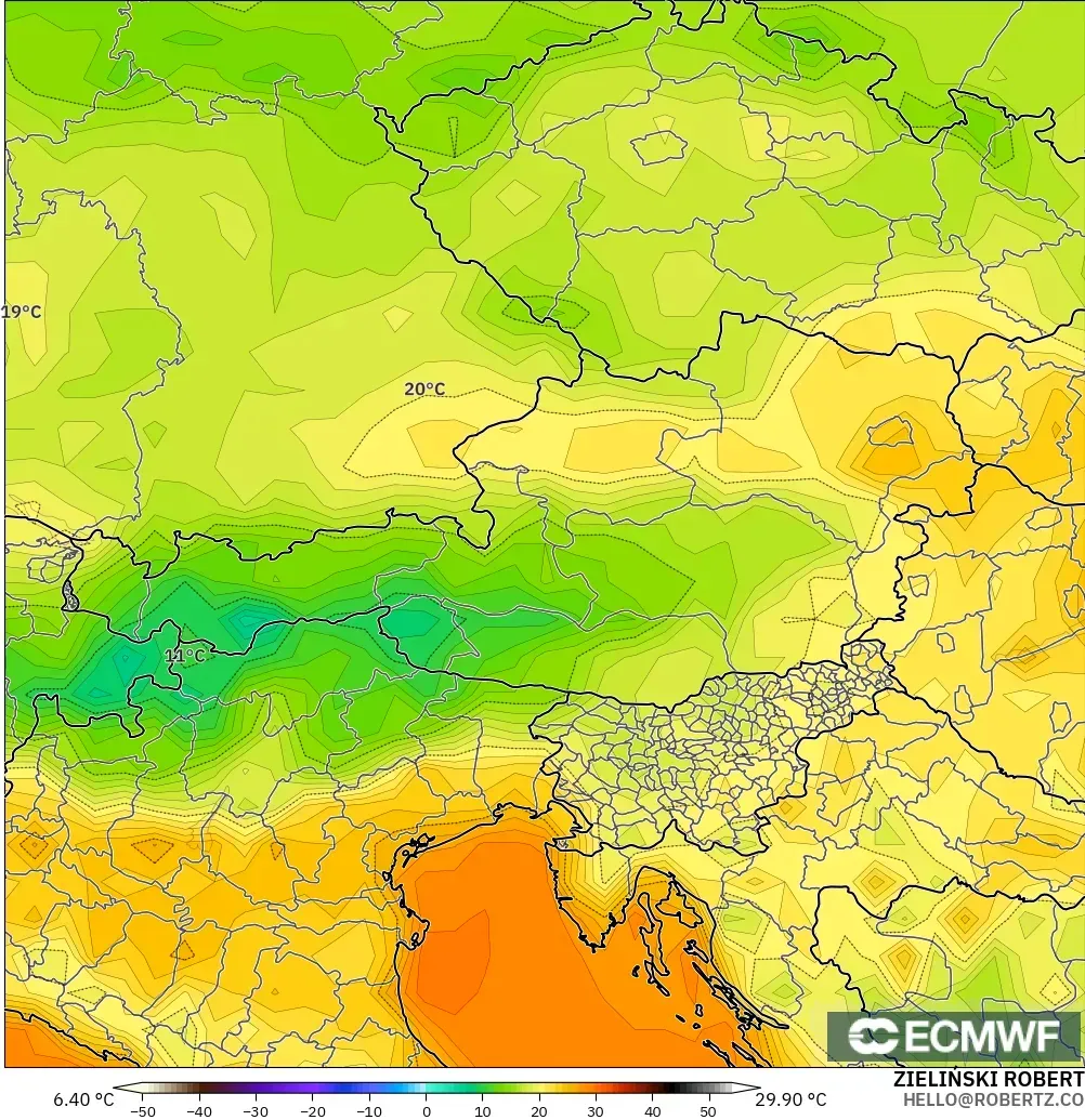 ECMWF IFS 0,25° modelo - Áustria, Temperatura a 2 m