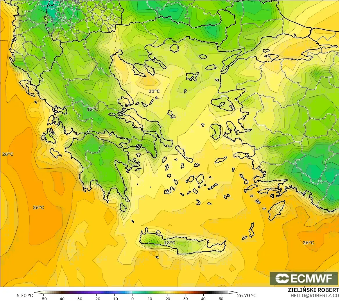 ECMWF IFS 0,25° modelo - Grécia, Ponto de orvalho a 2 m