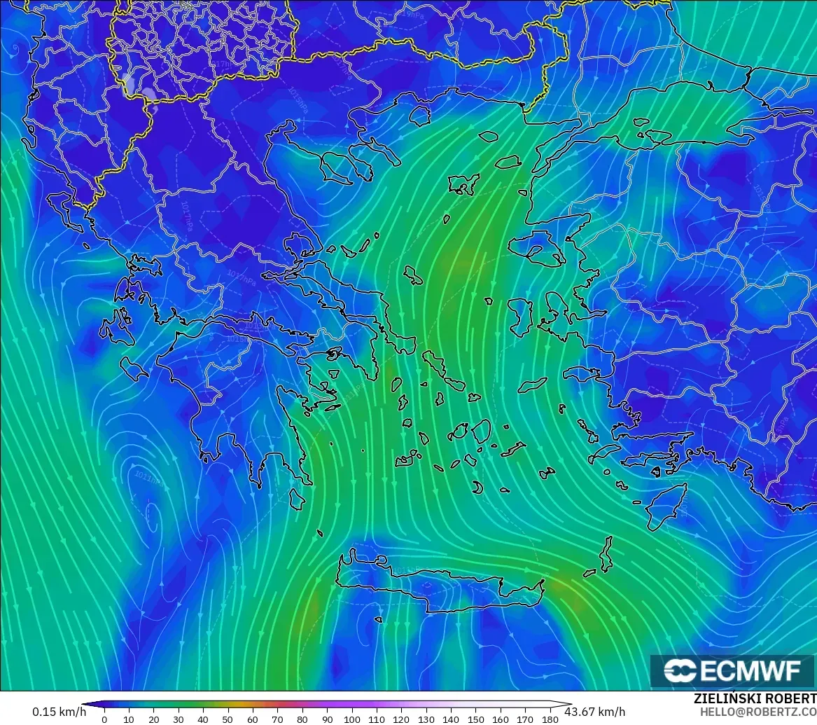 ECMWF IFS 0,25° modelo - Grécia, Vento a 10 m