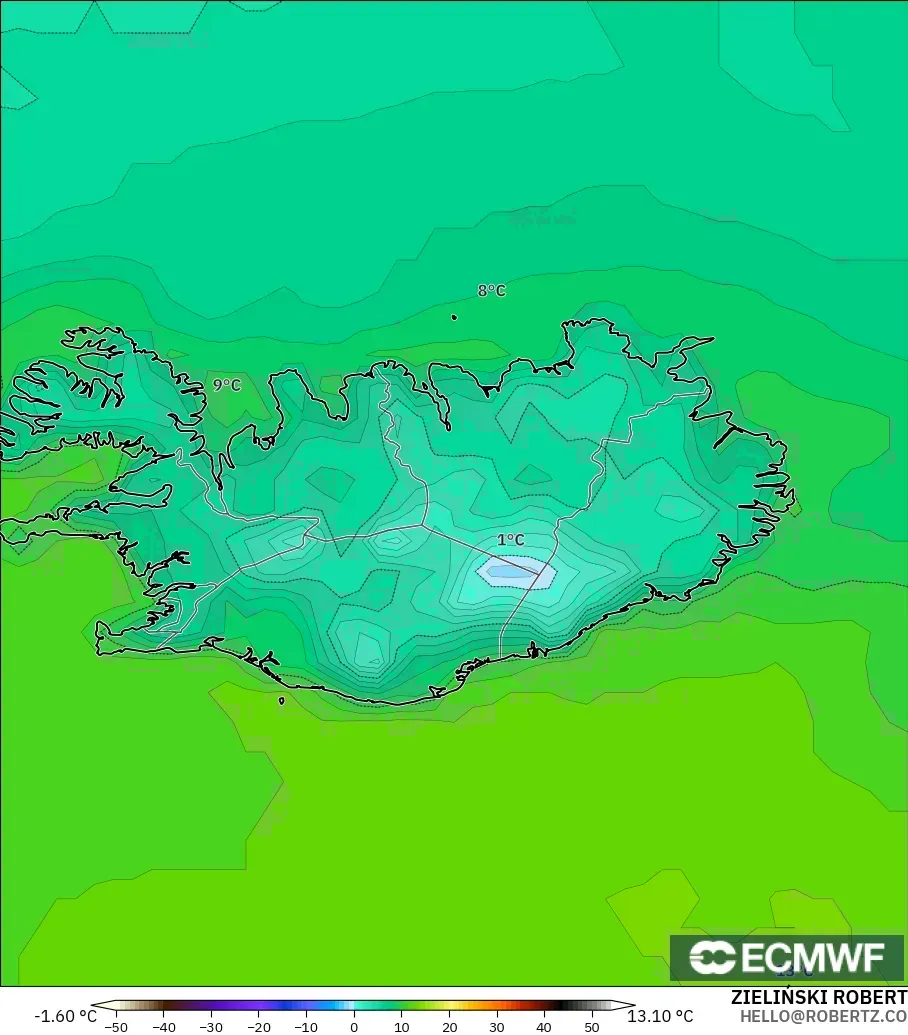 ECMWF IFS 0,25° modelo - Islândia, Temperatura a 2 m