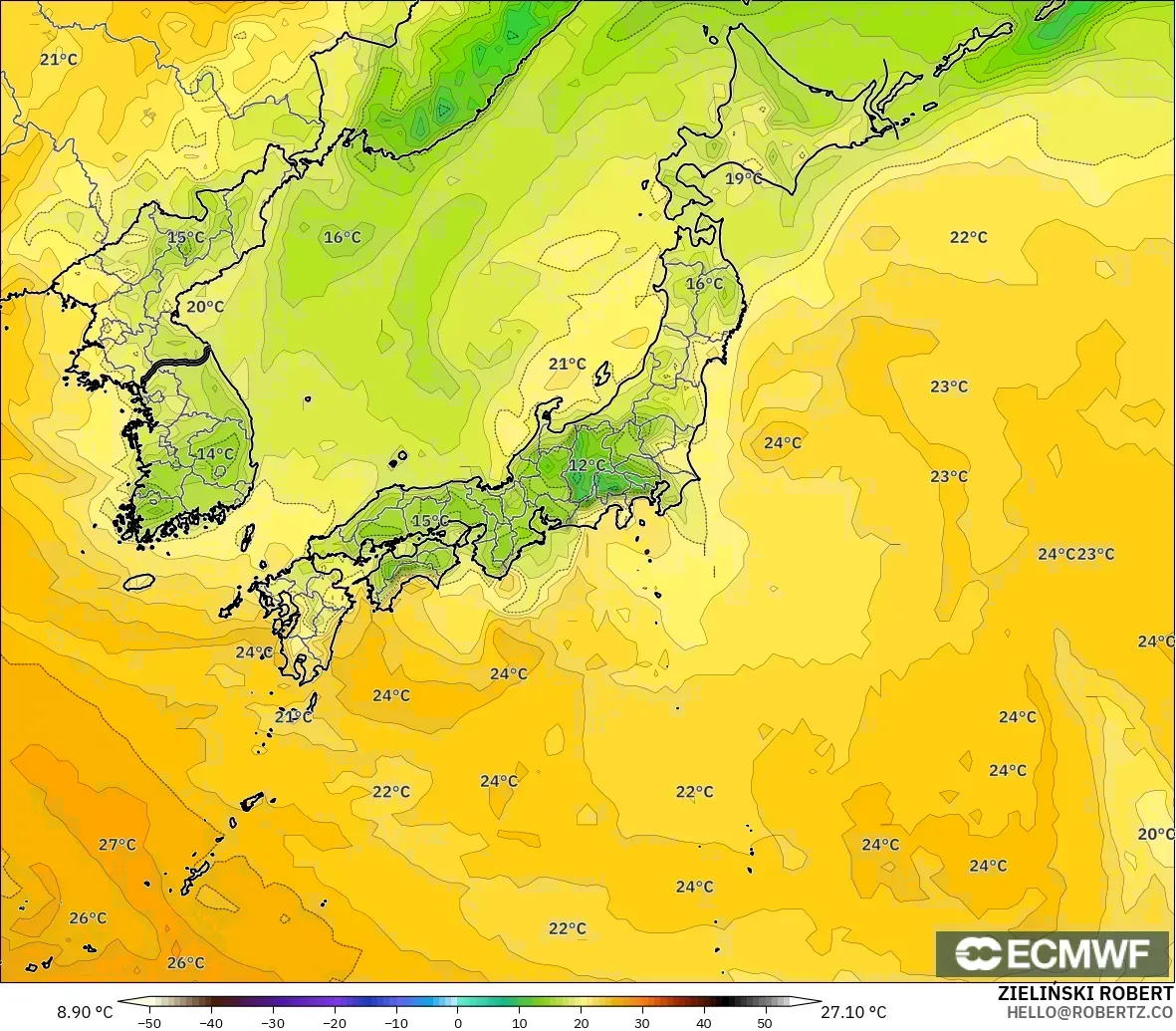ECMWF IFS 0,25° modelo - Japão, Ponto de orvalho a 2 m