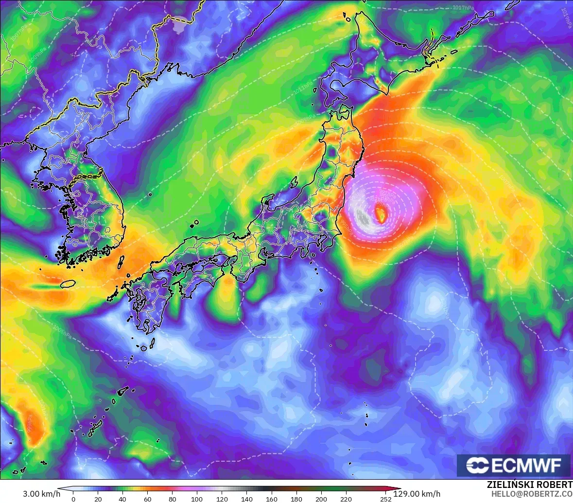 ECMWF IFS 0,25° modelo - Japão, Rajadas de Vento Máximas