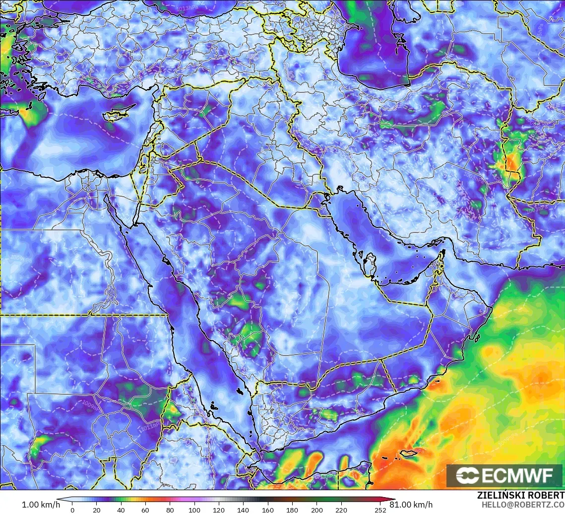 ECMWF IFS 0,25° modelo - Oriente Médio, Rajadas de Vento Máximas