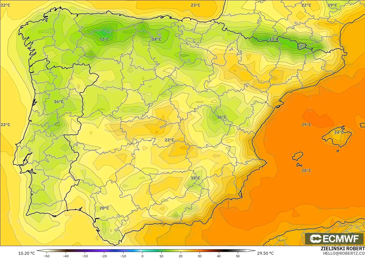 ECMWF IFS 0,25° modelo - Espanha, Temperatura a 2 m