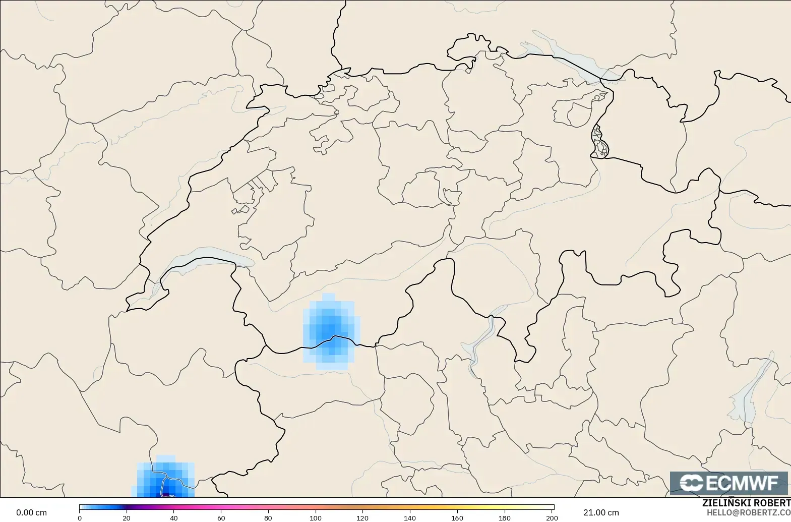 ECMWF IFS 0,25° modelo - Suíça, Profundidade da neve