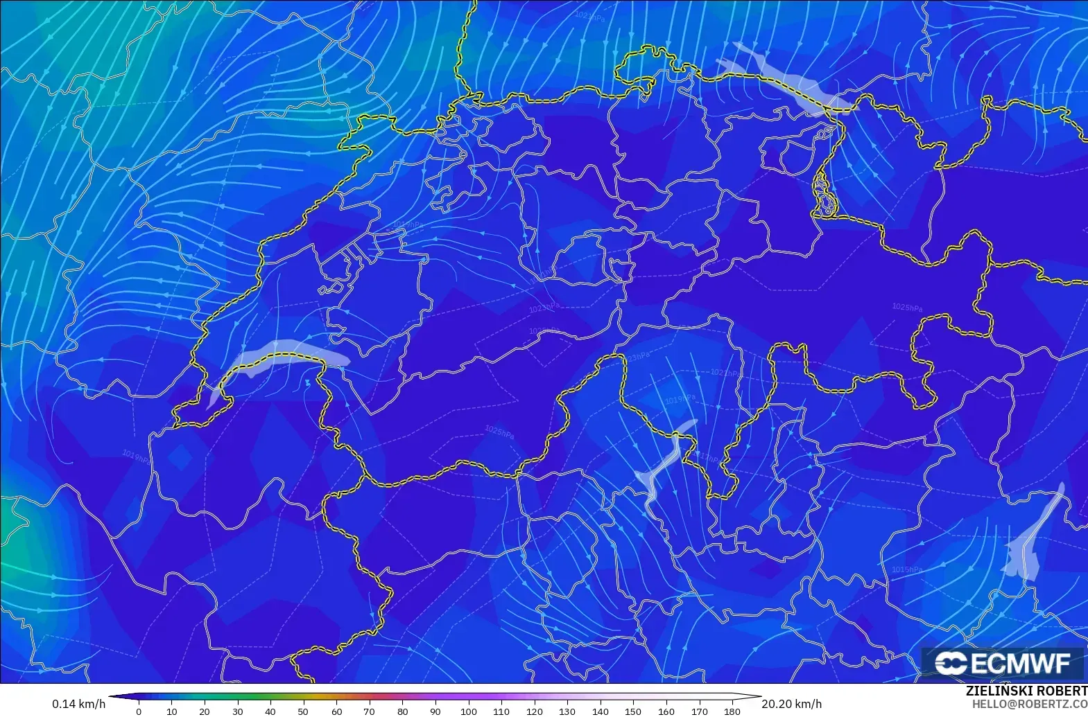 ECMWF IFS 0,25° modelo - Suíça, Vento a 10 m