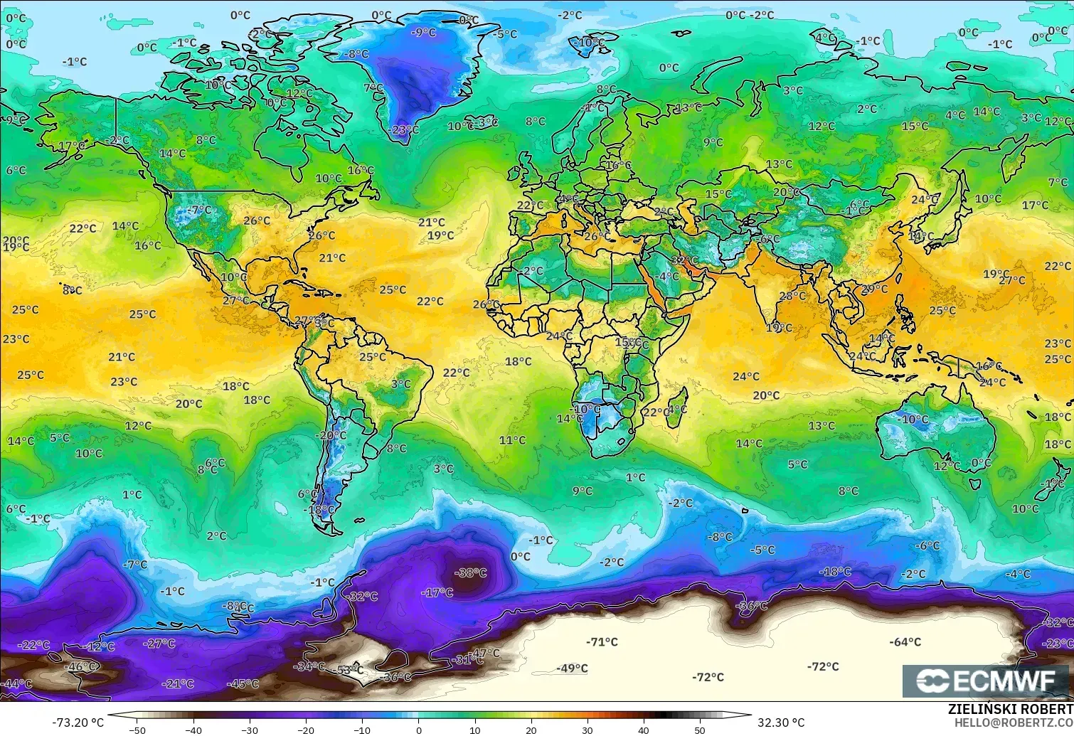 ECMWF IFS 0,25° modelo - Mundo, Ponto de orvalho a 2 m
