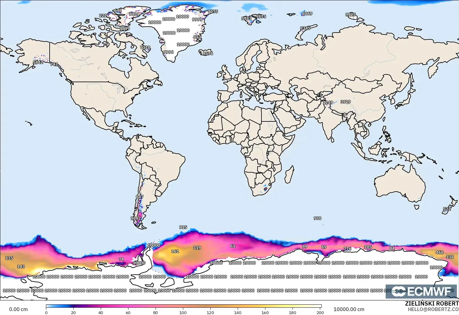 ECMWF IFS 0,25° modelo - Mundo, Profundidade da neve