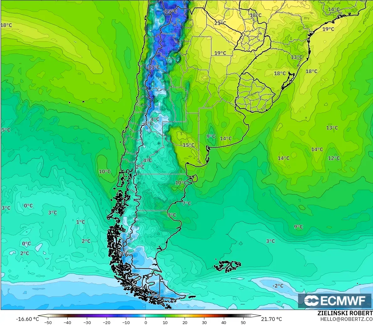 ECMWF IFS 0,25° modelo - Argentina, Ponto de orvalho a 2 m