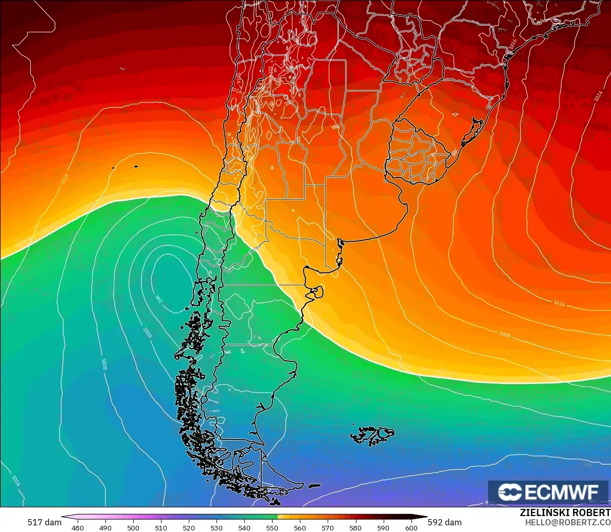 ECMWF IFS 0,25° modelo - Argentina, Altura geopotencial a 500 hPa