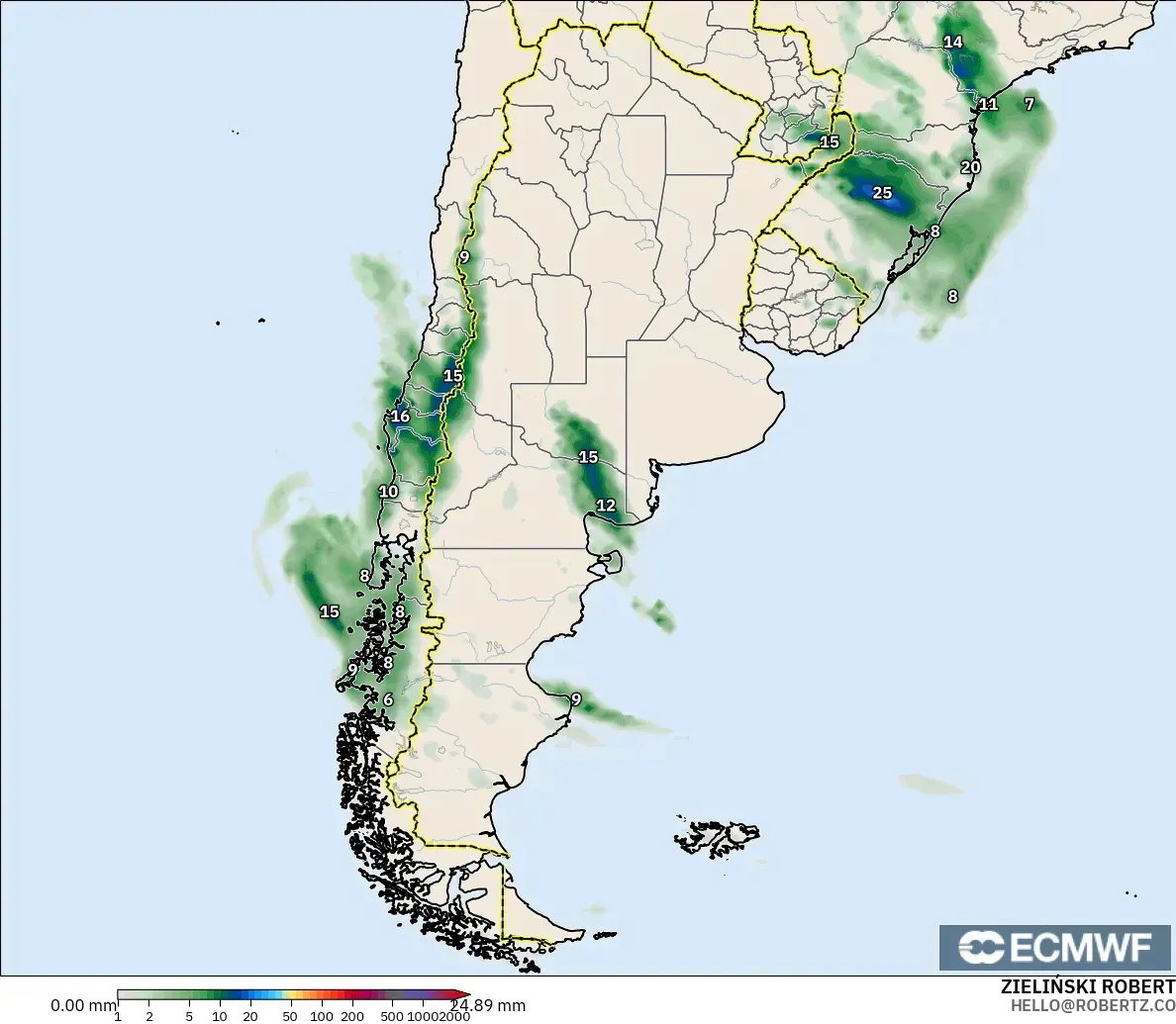 ECMWF IFS 0,25° modelo - Argentina, Acúmulo de precipitação