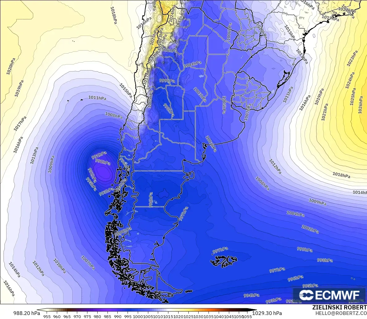 ECMWF IFS 0,25° modelo - Argentina, Pressão