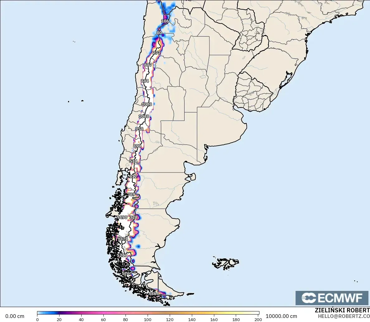 ECMWF IFS 0,25° modelo - Argentina, Profundidade da neve