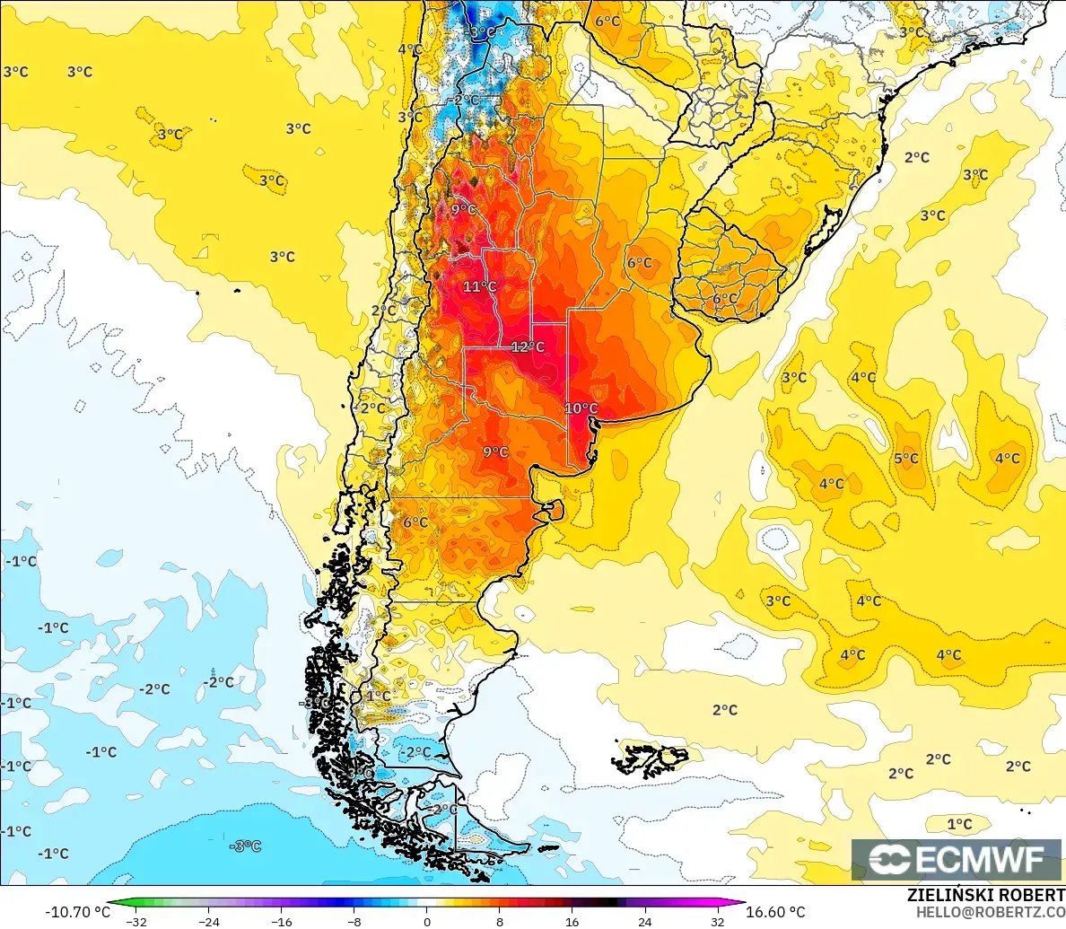 ECMWF IFS 0,25° modelo - Argentina, Anomalia de temperatura a 2 m