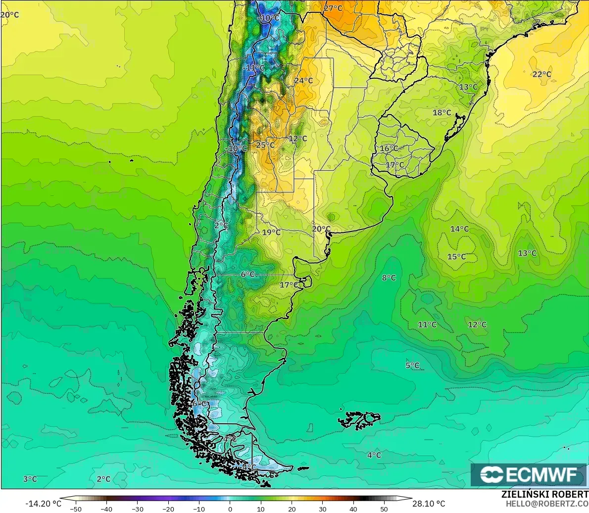 ECMWF IFS 0,25° modelo - Argentina, Temperatura a 2 m