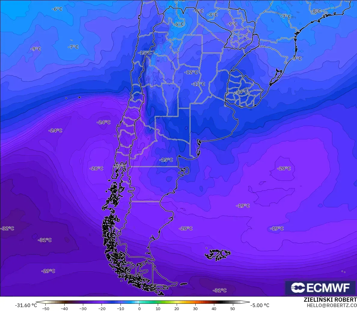 ECMWF IFS 0,25° modelo - Argentina, Temperatura a 500 hPa