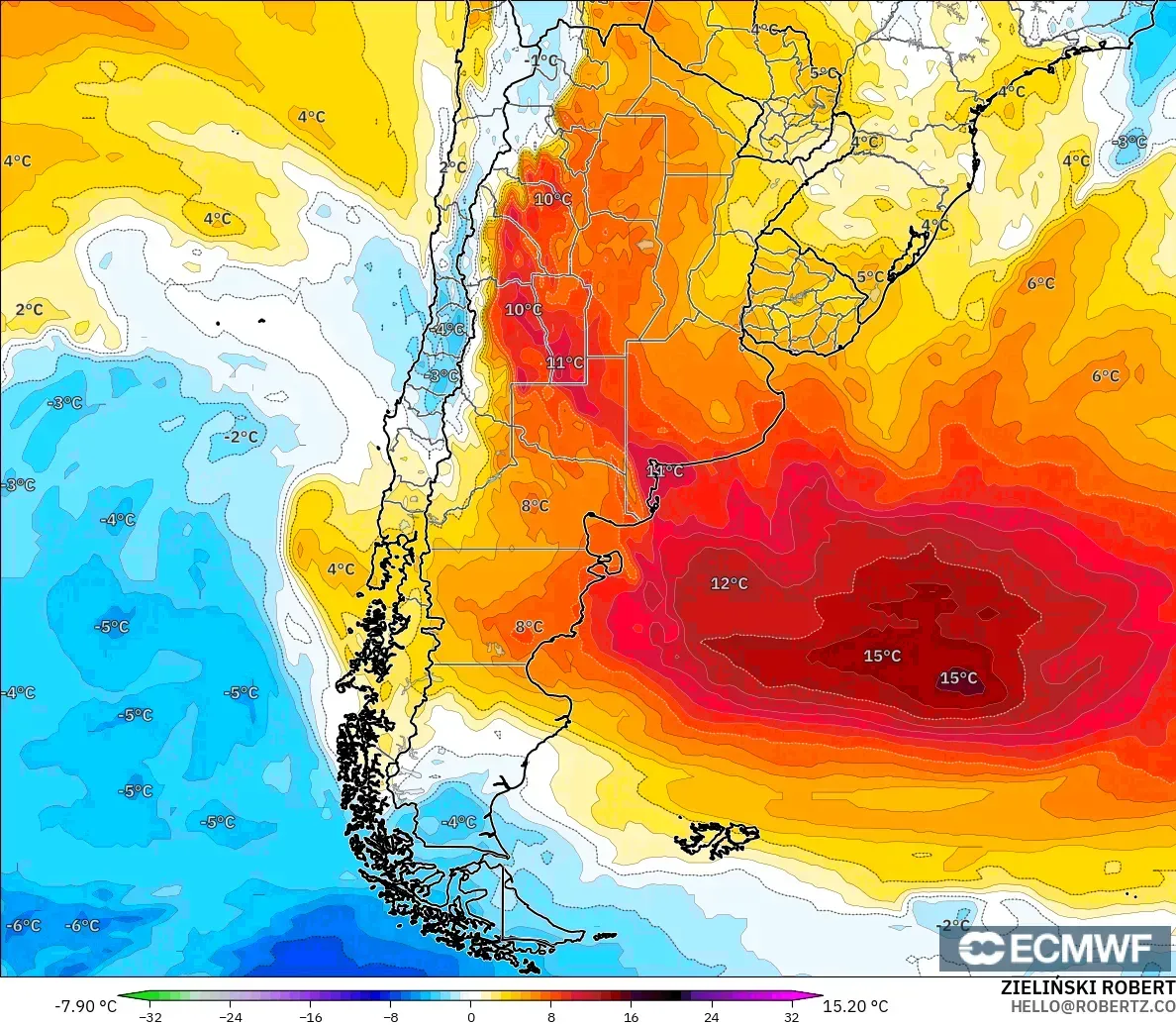 ECMWF IFS 0,25° modelo - Argentina, Anomalia de temperatura a 850 hPa