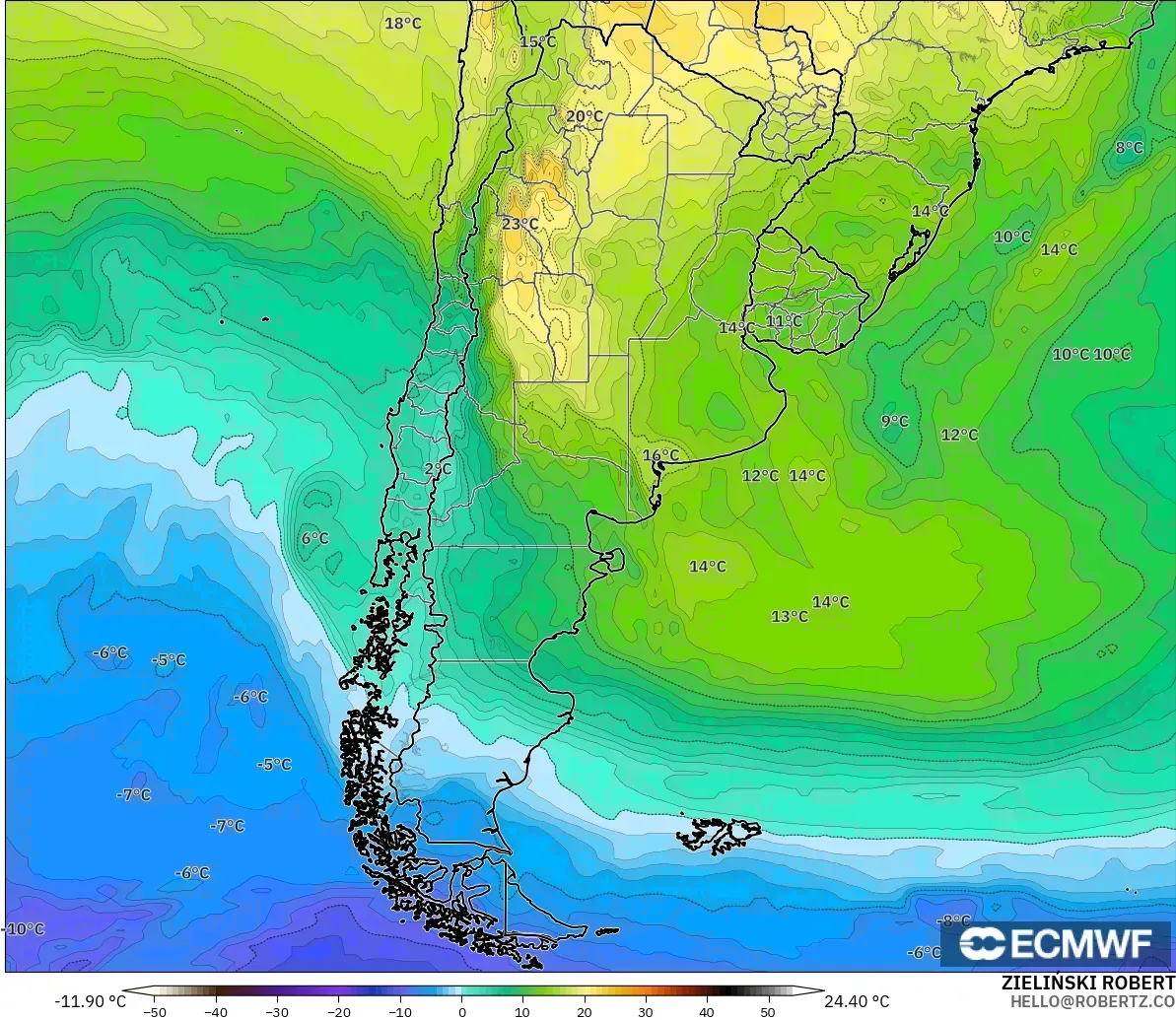 ECMWF IFS 0,25° modelo - Argentina, Temperatura a 850 hPa