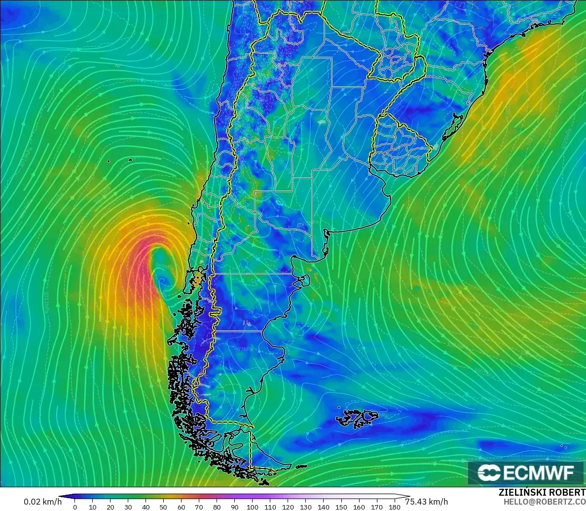 ECMWF IFS 0,25° modelo - Argentina, Vento a 10 m