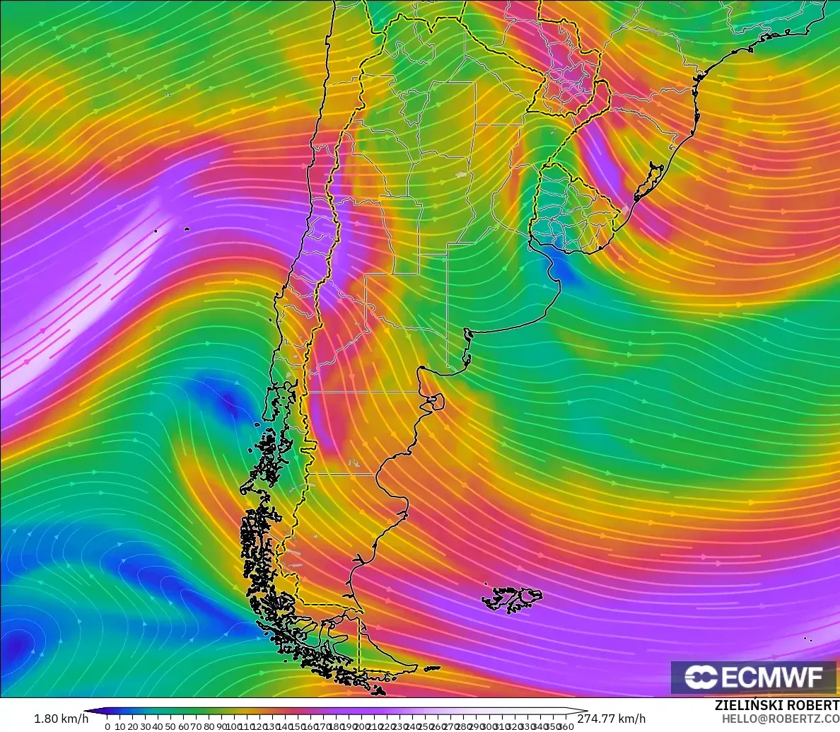 ECMWF IFS 0,25° modelo - Argentina, Vento a 300 hPa (corrente em jato)