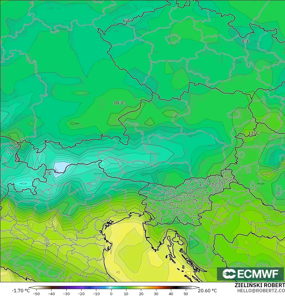 ECMWF IFS 0,25° modelo - Áustria, Ponto de orvalho a 2 m