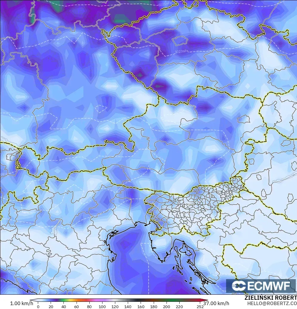 ECMWF IFS 0,25° modelo - Áustria, Rajadas de Vento Máximas