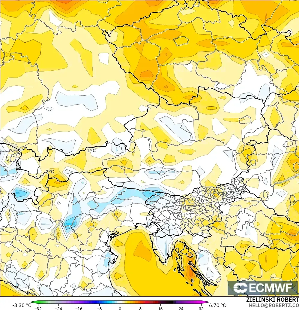 ECMWF IFS 0,25° modelo - Áustria, Anomalia de temperatura a 2 m