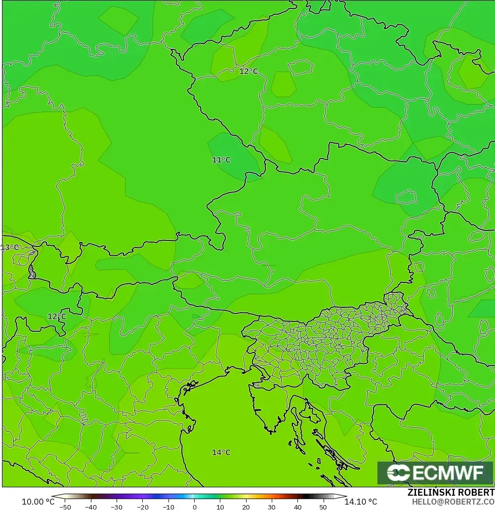 ECMWF IFS 0,25° modelo - Áustria, Temperatura a 850 hPa