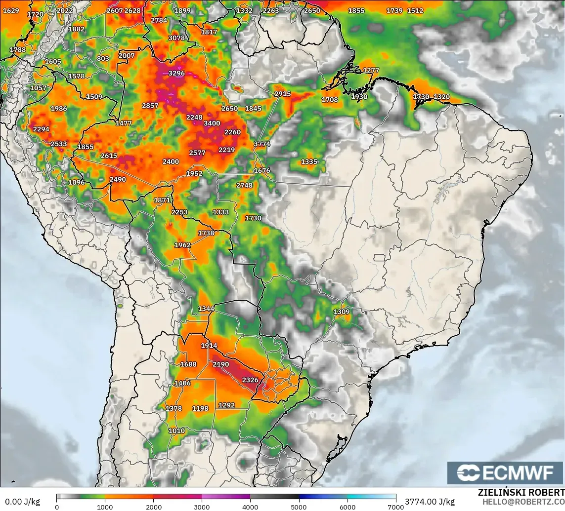 ECMWF IFS 0,25° modelo - Brasil, CAPE