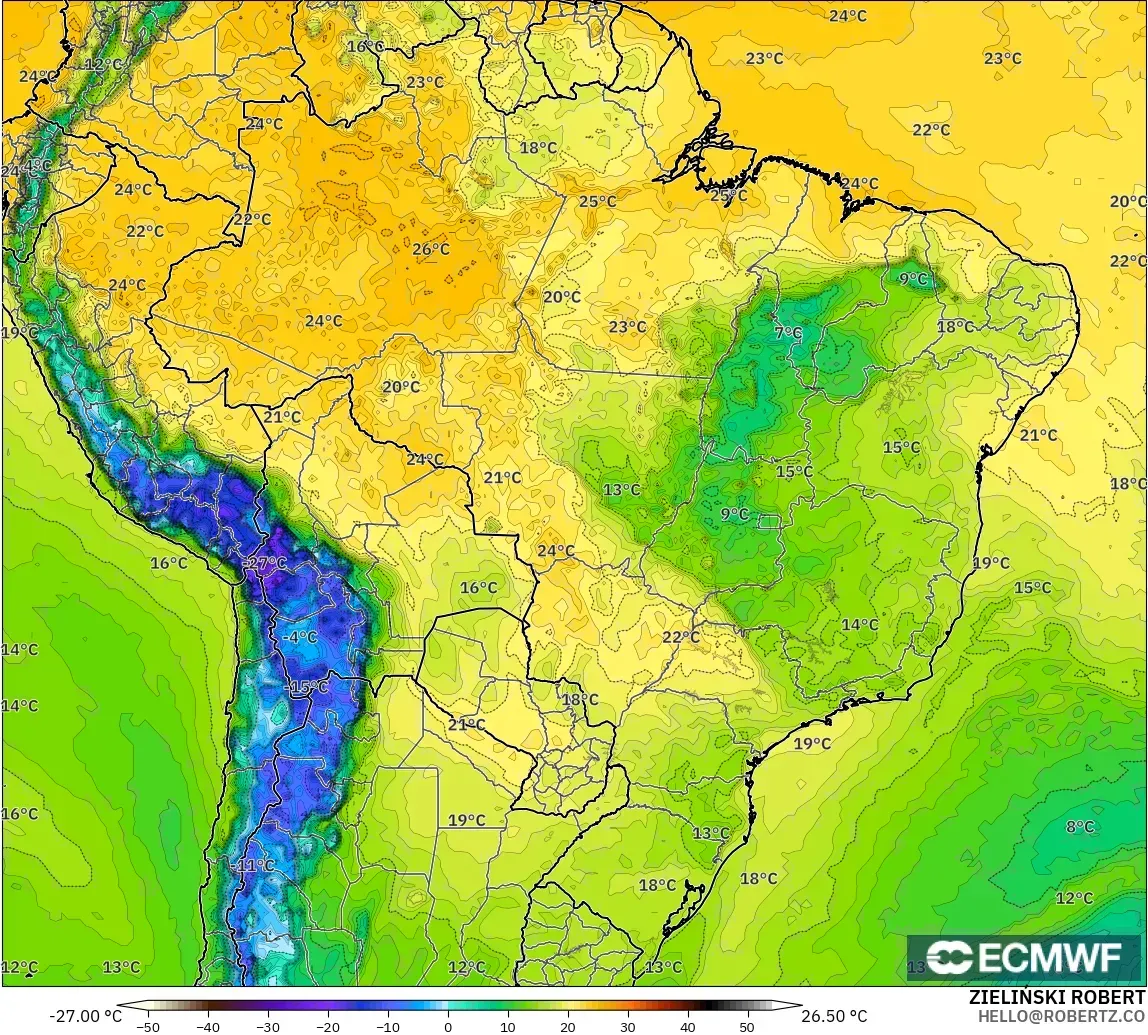ECMWF IFS 0,25° modelo - Brasil, Ponto de orvalho a 2 m