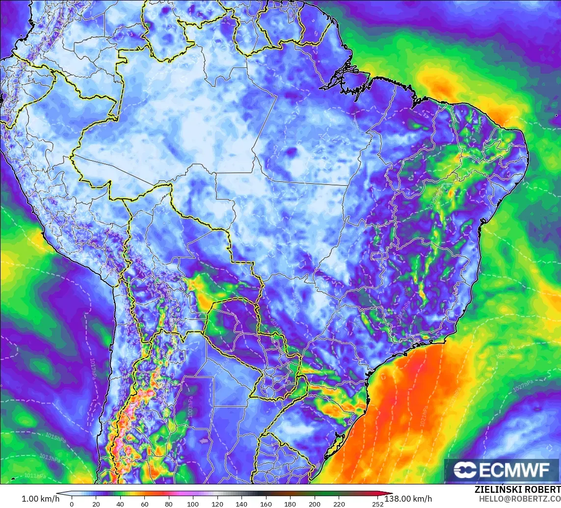 ECMWF IFS 0,25° modelo - Brasil, Rajadas de vento