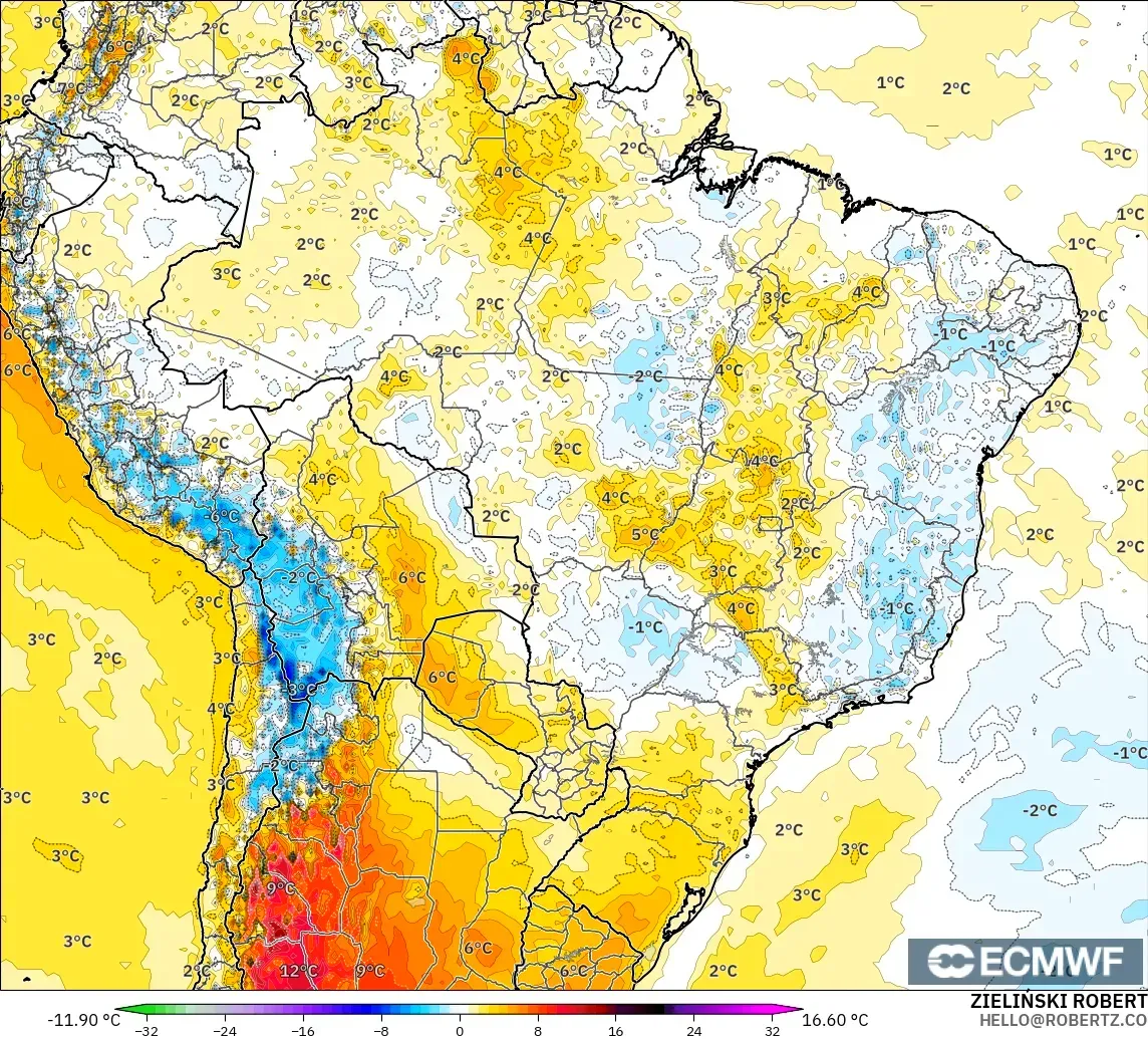 ECMWF IFS 0,25° modelo - Brasil, Anomalia de temperatura a 2 m
